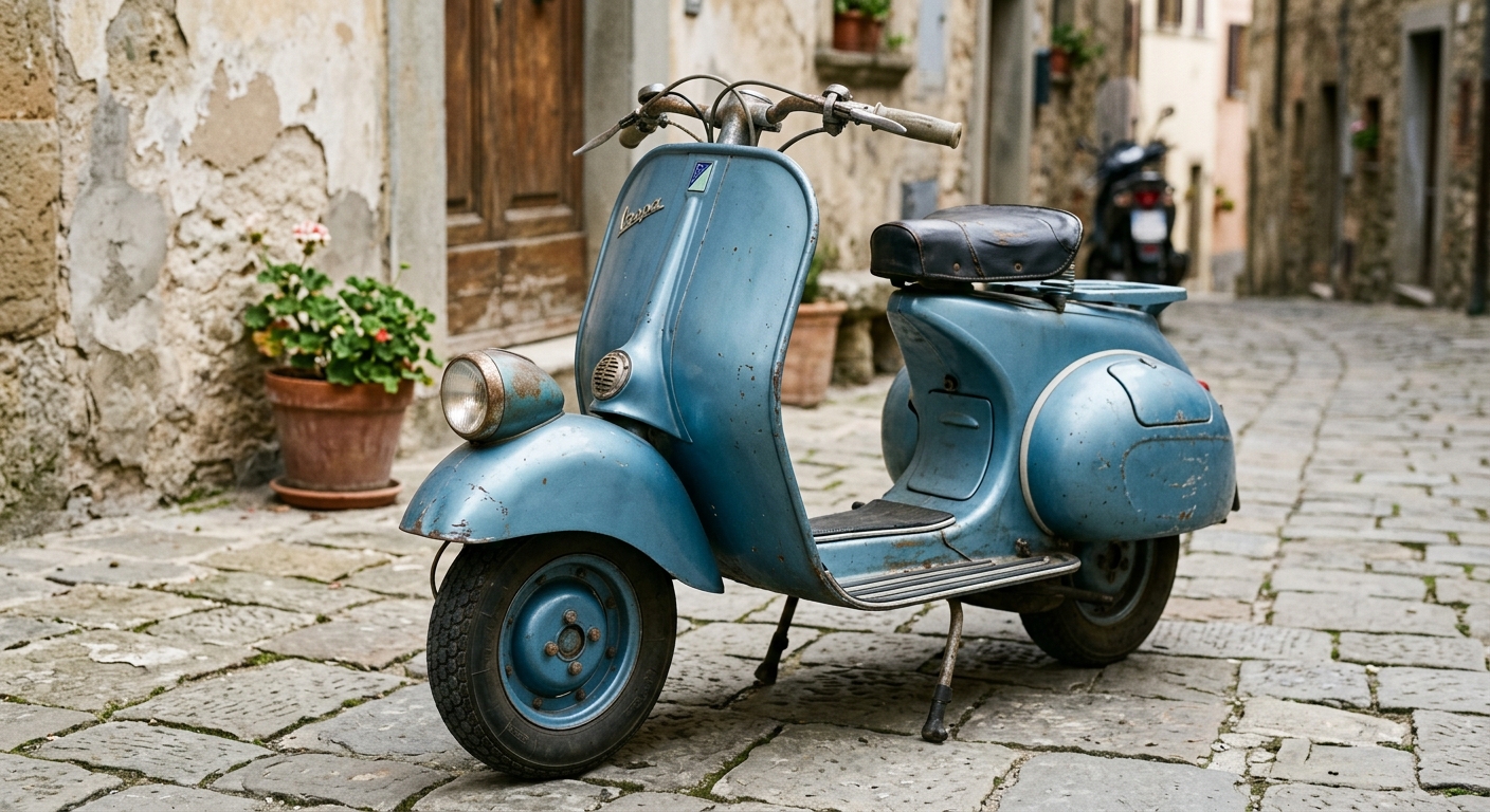 Du bist ein professioneller Fotograf. Du erstellst eine Aufnahme einer Vespa