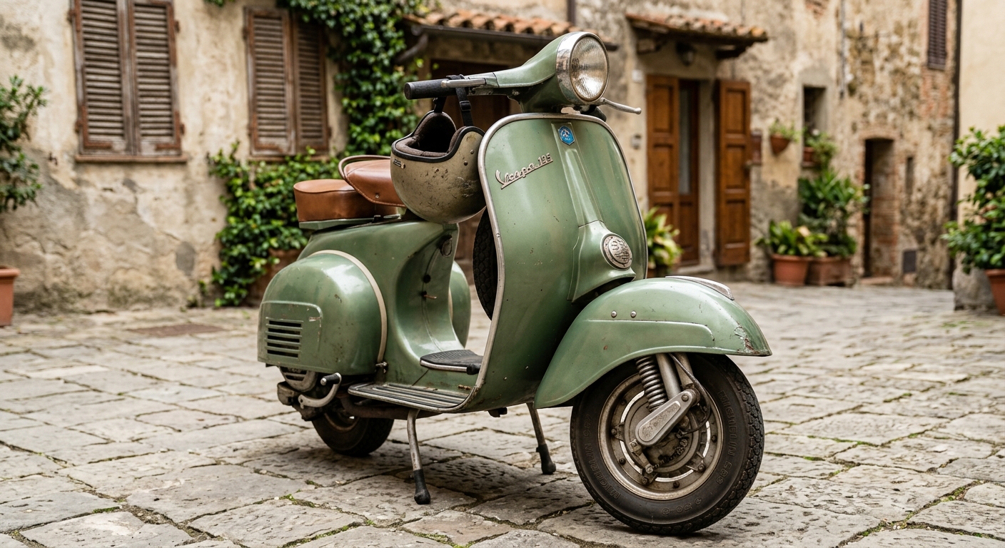 Grüner Vespa-Roller mit Helm am Lenker auf einer gepflasterten Gasse in einem