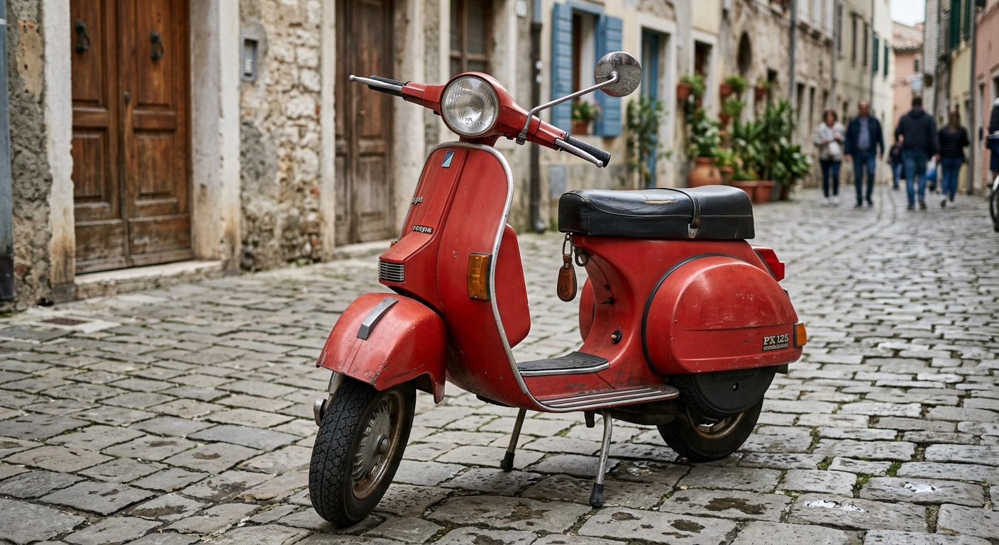 Roter Vespa-Roller auf einer gepflasterten Gasse in einer europäischen Altstadt